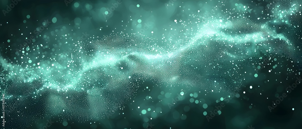 Poster a mesmerizing abstract background filled with glowing mint green particles and soft bokeh effects, c