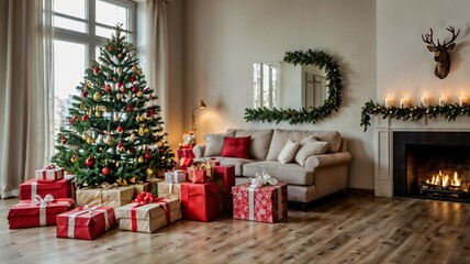 Árbol de Navidad de gran tamaño con regalos a sus pies