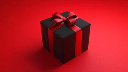 3d rendered black giftbox with ribbon against red background