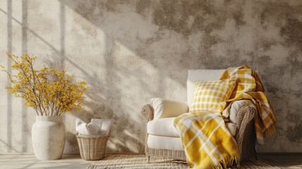 Cozy Living Room Design with Rattan Furniture and Stucco Wall. Modern Farmhouse Style Home Interior