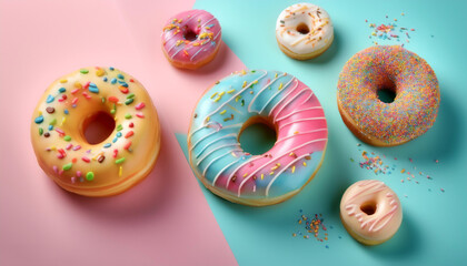 Donuts with colorful toppings, isolated on a Pastel