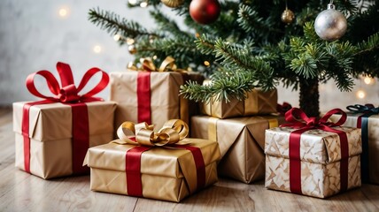 Árbol navideño imponente con obsequios alrededor