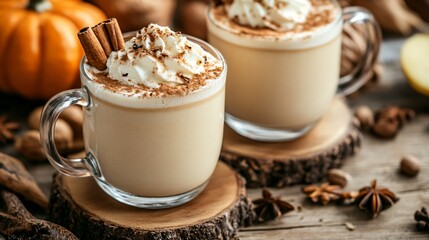 Cinnamon and nutmeg are common spices in autumn desserts and beverages. Concept of spices in autumn recipes