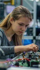 Fototapeta premium Female Engineer Assembling Electronics in High-Tech Factory for Industrial Innovation