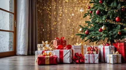 Gran árbol de Navidad con regalos esparcidos en el suelo 