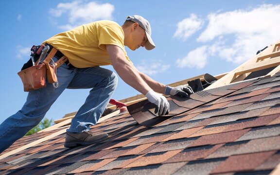 A close-up of roofers installing asphalt shingles on a residential rooftop under clear skies.