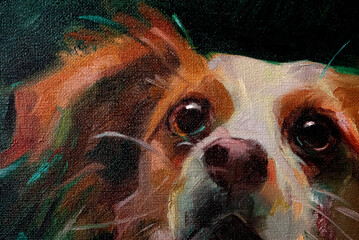 Primo piano artistico di un dipinto a olio raffigurante il muso di un cane con grandi occhi scuri espressivi e pennellate dinamiche su sfondo scuro © Ilarialapreziosa