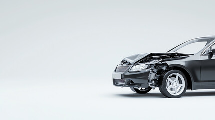 Fototapeta premium Front View of a Damaged Car with Detached Bumper on Minimalist Background