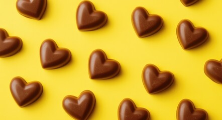 Obraz premium Heart-shaped Chocolate Treats on Vibrant Yellow Background with Assorted Sweets and Copy Space