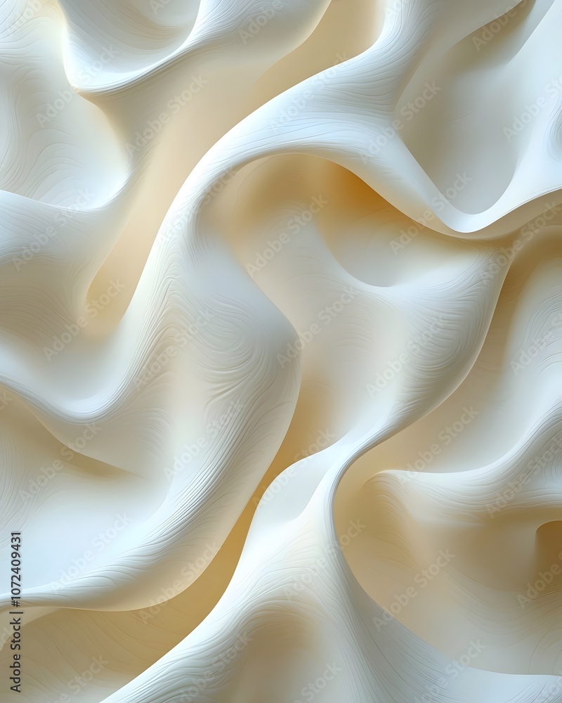 Poster a close-up of soft, textured fabric in flowing waves of cream and beige, creating a serene and elega
