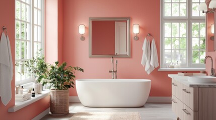 A bathroom with a pink wall and a white bathtub