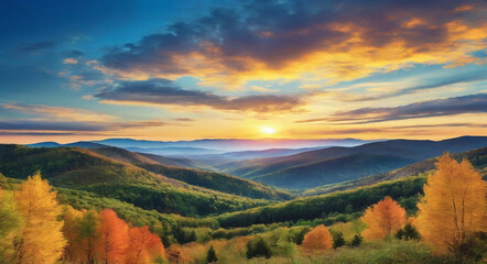 Obraz premium View of the autumn forest in mountains on sunset with a colorful mix of green , yellow and blue sky .
