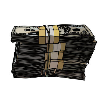 The image shows a stylized vector illustration of a large stack of U.S. dollar bills, bundled together with two beige and brown straps. The stack is thick