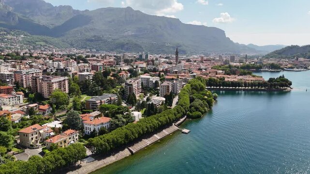 Aerial footage of Lecco city by Lake Como, Italy