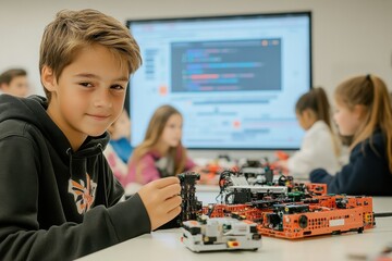 Side view shot of boy at table holding plastic robot prototype while looking at it in detail during robotics lesson