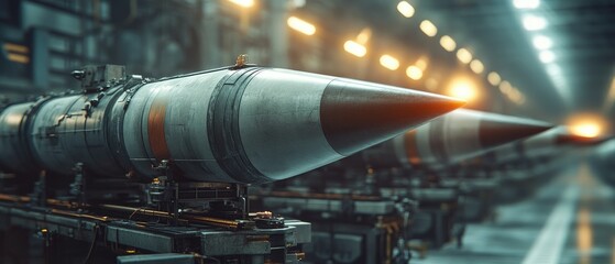 Closeup of a row of missiles in a hangar.