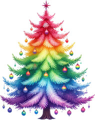 Obraz premium A vibrant rainbow-colored Christmas tree adorned with colorful ornaments and a star on top. 