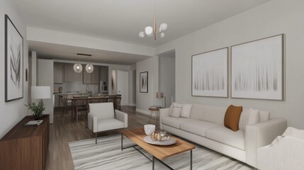 Fototapeta premium Modern living room interior design with elegant furnishings and warm tones.