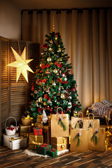 Beautiful holdiay decorated room with Christmas tree with presents under it