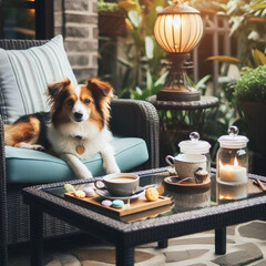  Caf&eacute; Companion
 "A dog sitting at an outdoor caf&eacute; table, with a coffee cup and pastry nearby. Cozy and relaxed vibe."