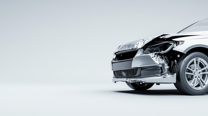 Front View of a Damaged Car with Detached Bumper on Minimalist Background