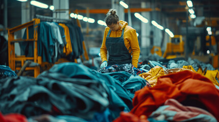 Obraz premium Worker sorting recycled textiles in a clothing production warehouse.