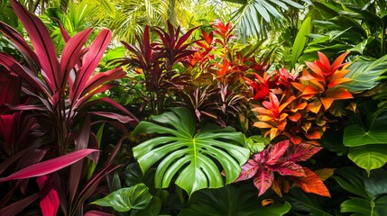 Fototapeta premium Lush tropical plants creating vibrant green and red jungle foliage