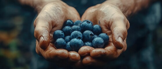 Closeup of hands cupped full of fresh blueberries.