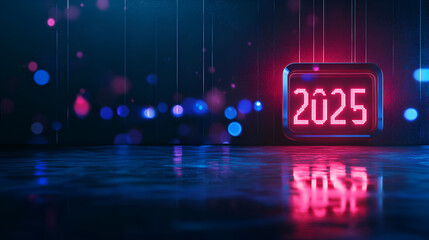 Digital clock display counting down to the year 2025 in a modern dark themed room copy space