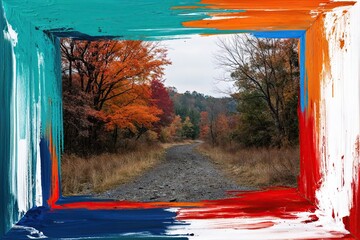 Vibrant Autumn Landscape with Dramatic Framing in Teal Orange Blue Red and White