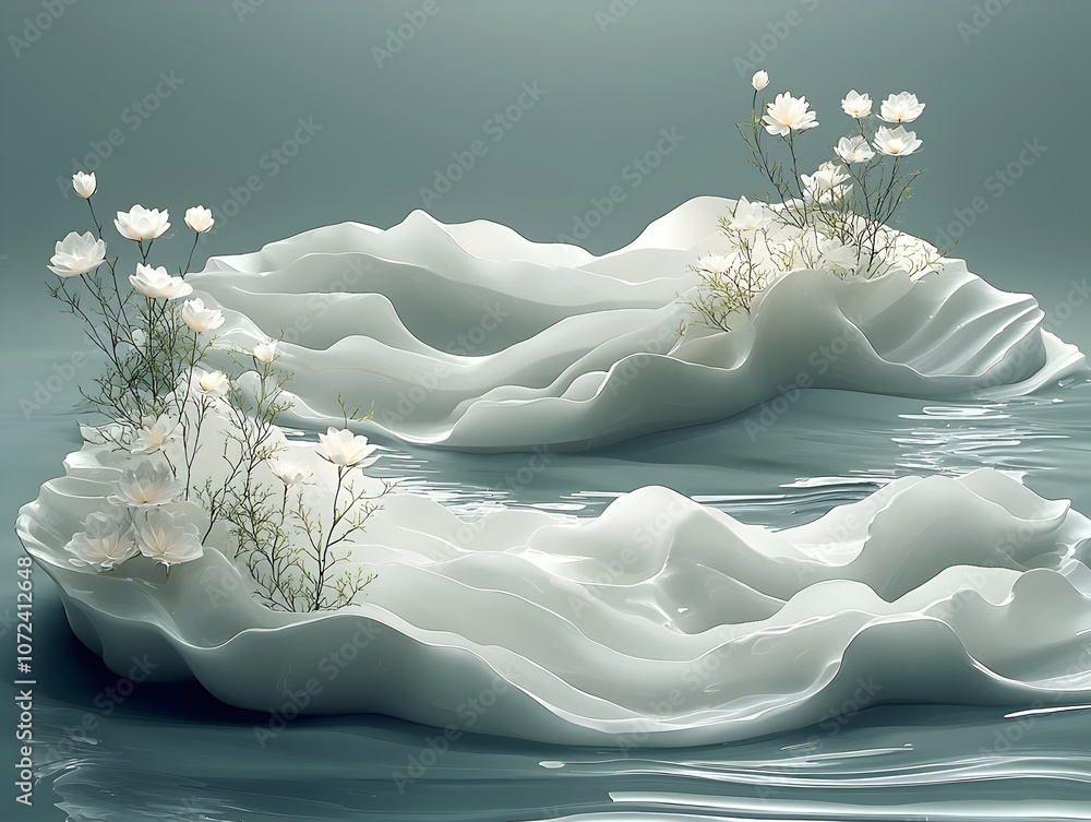 Poster a serene abstract composition featuring undulating white forms resembling soft waves, adorned with d