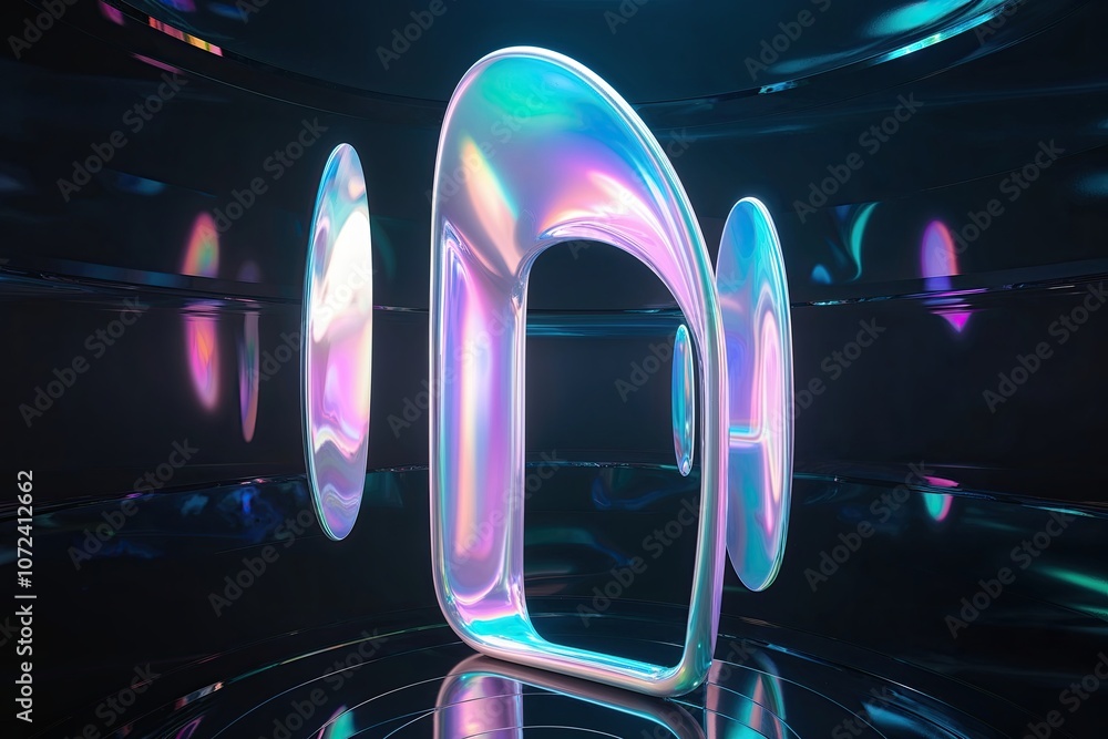 Poster iridescent abstract shapes on dark background with refraction and futuristic design