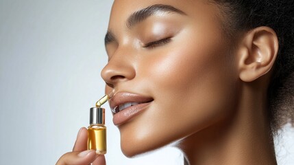 Fototapeta premium Close-Up Portrait of Woman Applying Facial Serum