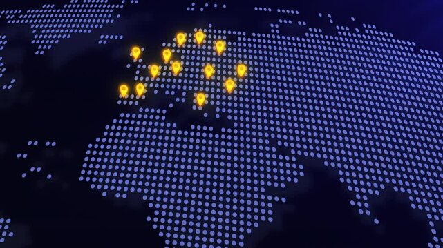World map focusing on the countries of Europe. Capitals, cities, transportation, business, global communications, consumers, service delivery, travel. Digital minimalist Hi-tech futuristic style video