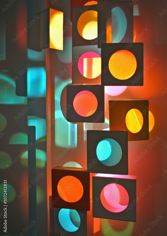 Poster a colorful lighted display made of squares with a white background