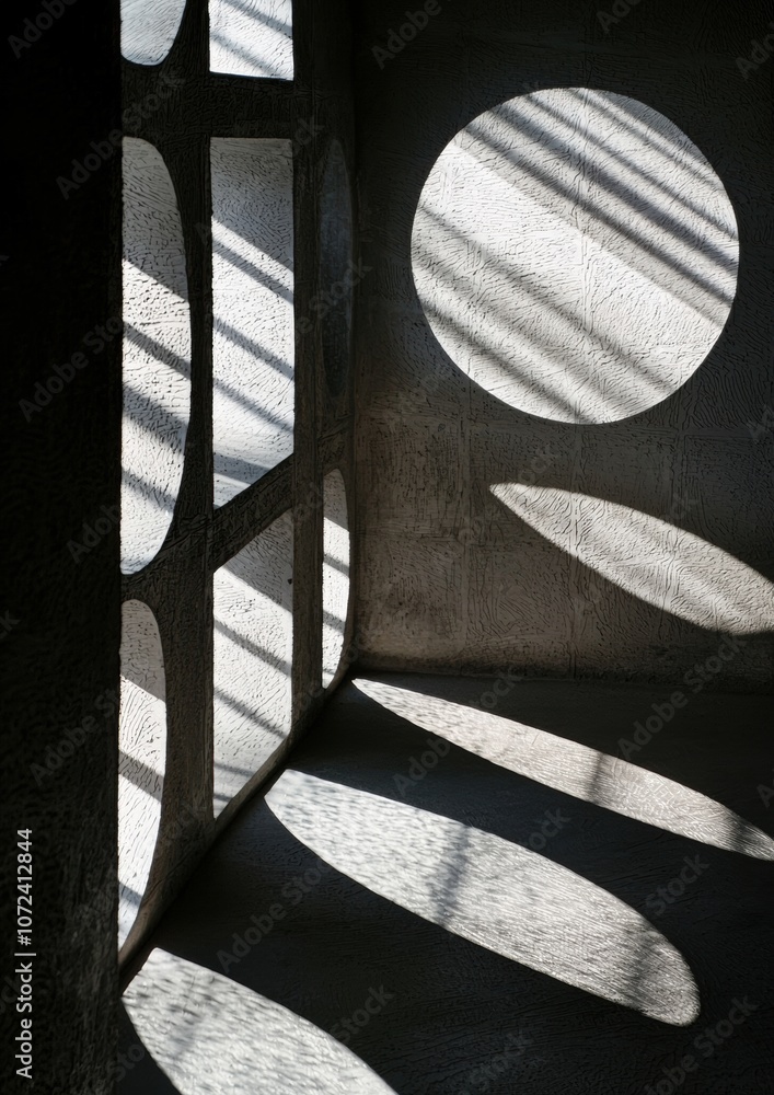 Poster a room with a large window and a small circular window