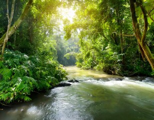Obraz premium Glistening River Meandering Through a Dense Tropical Rainforest, With Vibrant Greenery Covering the Riverbanks and Bright Sunshine Streaming Through the Canopy