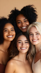 Fototapeta premium Young African Women with Beautiful Skin and Hair in Studio for a Skincare and Cosmetics Campaign. Smiling Together, They Radiate Healthy Beauty and Friendship in a Natural, Modern Indoor Setting
