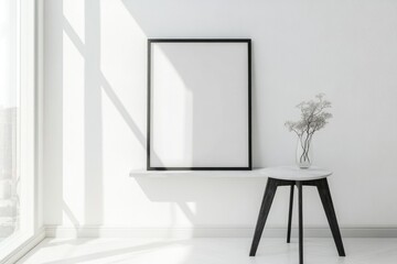 Minimalist Art Gallery. Contemporary Poster Frame Leaning on White Wall in Modern Interior