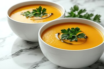 Two bowls of creamy pumpkin soup. Perfect for illustrating fall recipes, food blogs, or restaurant menus.