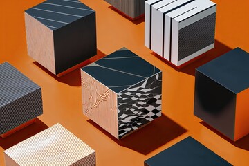 Three Dimensional Cubes with Modern Patterns on Vibrant Orange Background