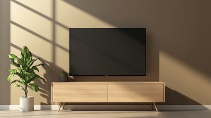 Modern Living Room with Vintage TV on Brown Wooden Cabinet