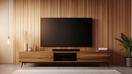 Modern Vintage Living Room Setup with LED TV on Wooden Cabinet