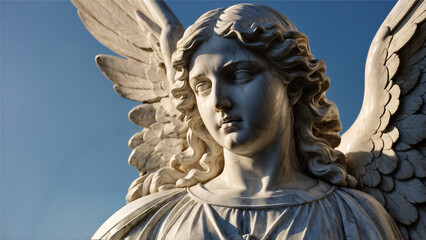 Obraz premium Italian marble angel statue with detailed wings under blue sky