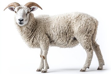 Fototapeta premium Majestic sheep with curly wool and curved horns against a white background