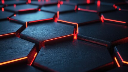 Fototapeta premium Dark hexagonal carbon fiber background with bright red luminous lines tracing each hexagon, creating a bold, futuristic look with dynamic highlights.