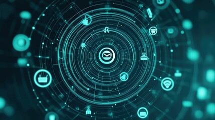 Fototapeta premium Digital retargeting concept with central email icon and surrounding technology symbols in a circular network, representing targeted marketing, communication, and internet connectivity