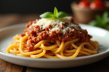 Italian pasta bolognese with cheese on a plate close-up
