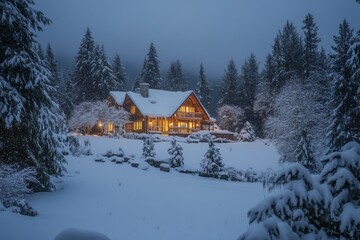 A Cozy Cabin Nestled in a Snowy Forest at Dusk