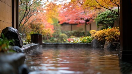 Obraz premium Tranquil Onzen Bath with Autumnal Backdrop